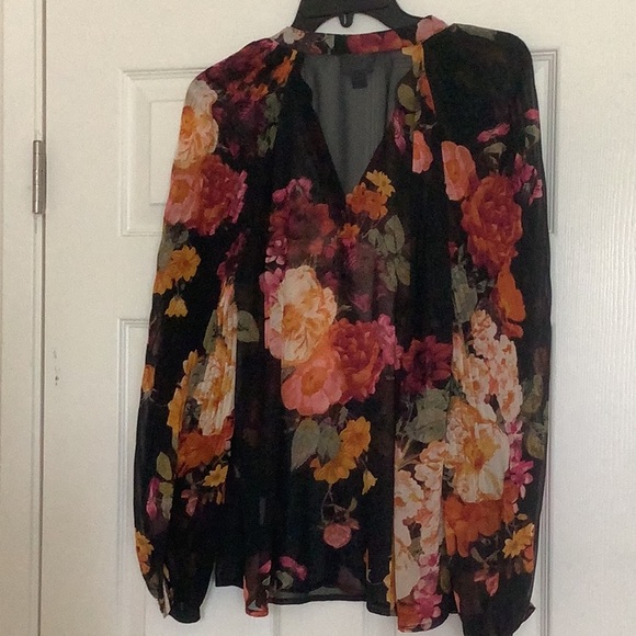 Worthington Sheer Black Polyester Floral Button Blouse with Long Pleated Sleeves - Picture 6 of 11